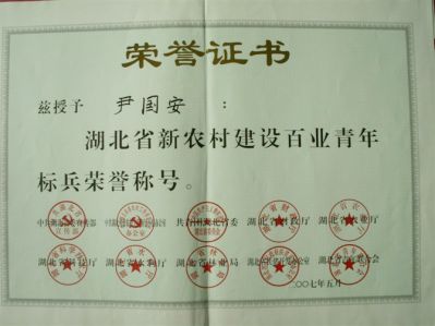 尹國安榮獲湖北省百業(yè)青年建設標本榮譽證書 